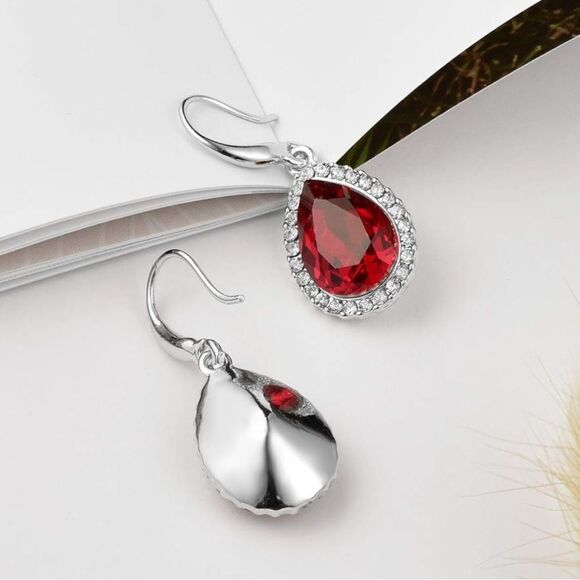 14K White Gold with Ruby Red Austrian Crystal Teardrop Halo Drop Hook Earrings - Picture 4 of 6